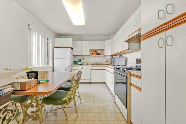 kitchen featuring white cabinets, white appliances, open shelves, light countertops, and under cabinet range hood