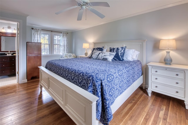 555 Three Waters Ln, Orient, NY 11957 - bedroom with hardwood / wood-style floors, a ceiling fan, baseboards, and crown molding