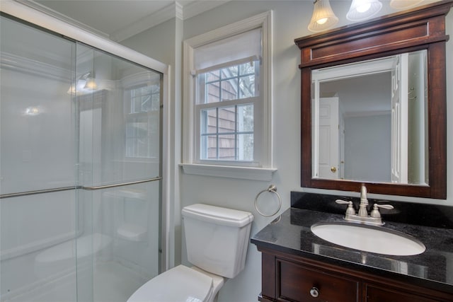 555 Three Waters Ln, Orient, NY 11957 - full bath with crown molding, a shower stall, toilet, and vanity