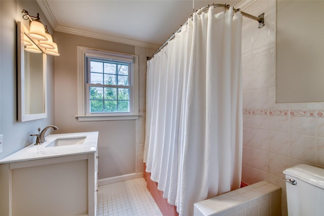 555 Three Waters Ln, Orient, NY 11957 - full bath featuring a shower with curtain, toilet, tile patterned flooring, vanity, and ornamental molding