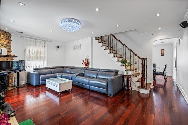 living room with ornamental molding, a chandelier, stairway, recessed lighting, and wood-type flooring
