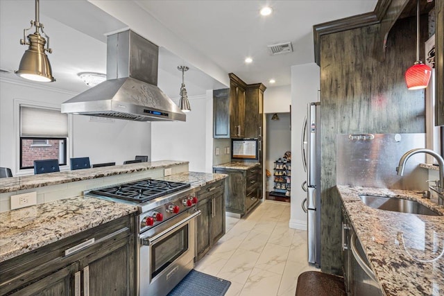kitchen featuring dark brown cabinets, marble finish floor, a sink, stainless steel appliances, and island range hood