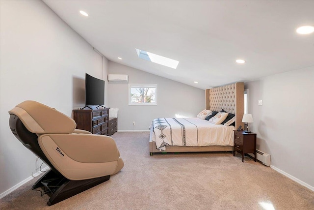 31 Arthur St, Baldwin, NY 11510 - carpeted bedroom with an AC wall unit, baseboards, recessed lighting, vaulted ceiling with skylight, and a baseboard radiator