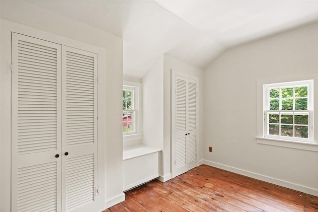 100 E St, South Salem, NY 10590 - unfurnished bedroom with light wood-type flooring, multiple closets, vaulted ceiling, and multiple windows