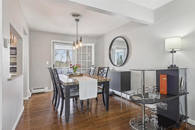 dining space with baseboards, a baseboard radiator, wood finished floors, and visible vents