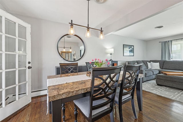 dining room featuring visible vents and dark wood-type flooring