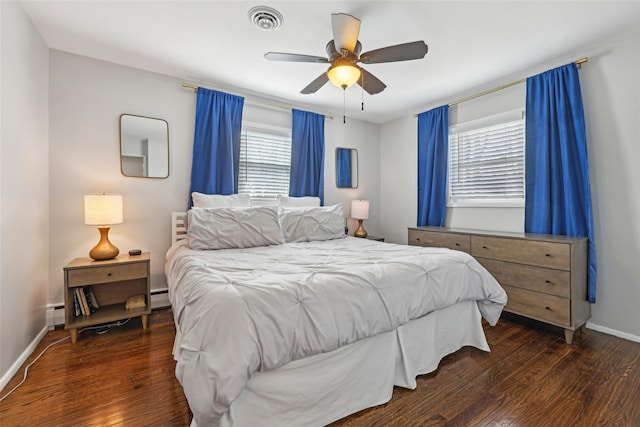 bedroom with visible vents, dark wood-style floors, and multiple windows