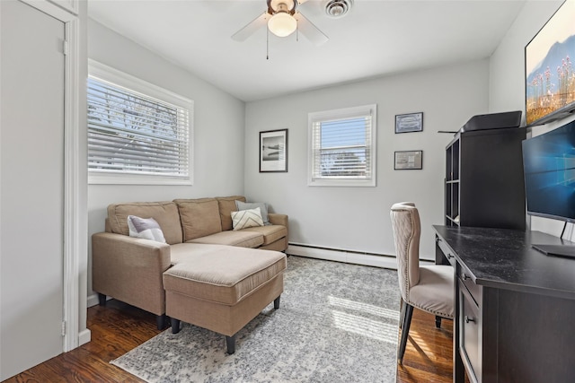 home office with ceiling fan, visible vents, dark wood finished floors, baseboards, and a baseboard radiator