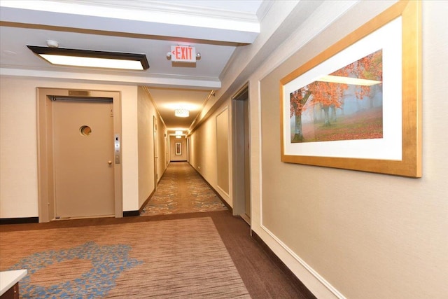 hall with baseboards, carpet flooring, elevator, and crown molding
