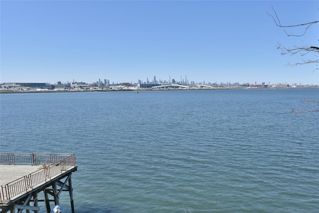 dock area with a water view and a city view