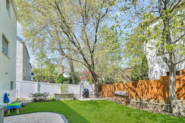 view of yard with a fenced backyard and a patio area