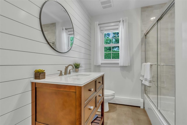 full bath featuring wood walls, visible vents, toilet, vanity, and a baseboard heating unit