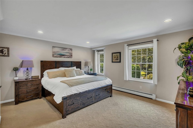 bedroom featuring a baseboard heating unit, light carpet, baseboards, recessed lighting, and ornamental molding