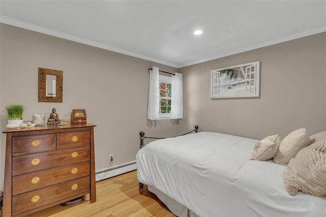 bedroom with a baseboard heating unit, light wood-style flooring, crown molding, and recessed lighting