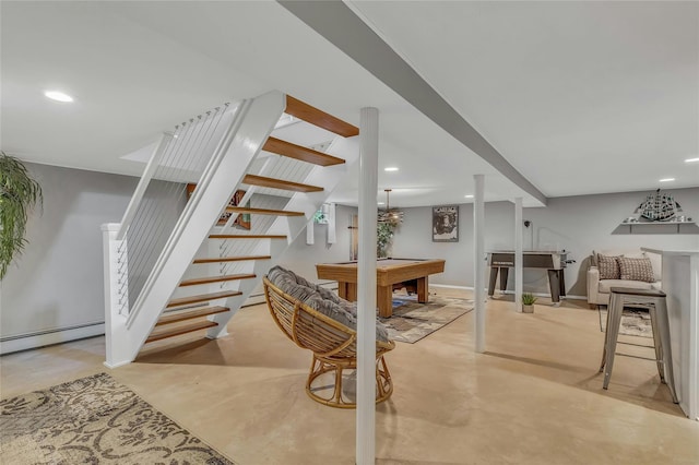 stairway with recessed lighting, finished concrete flooring, and pool table