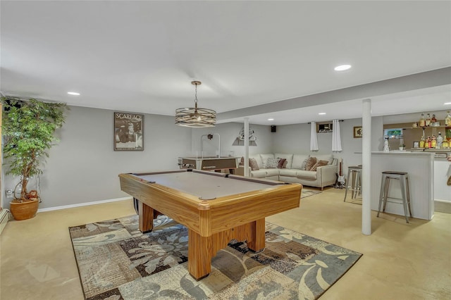 game room with bar, baseboards, billiards, and recessed lighting