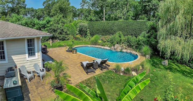 view of pool with a patio area, a fenced in pool, and a lawn