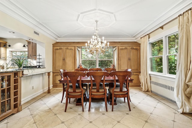 5235 Netherland Ave, Bronx, NY 10471 - dining room with radiator, a chandelier, crown molding, coffered ceiling, and baseboards