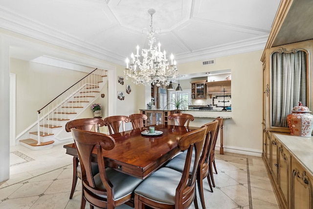 5235 Netherland Ave, Bronx, NY 10471 - dining room featuring stairs, a chandelier, baseboards, inlaid floor details, and crown molding