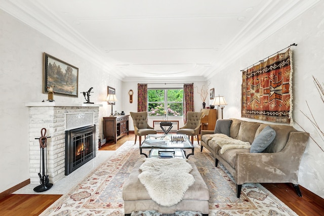 5235 Netherland Ave, Bronx, NY 10471 - living area featuring wood finished floors, crown molding, a fireplace, and baseboards