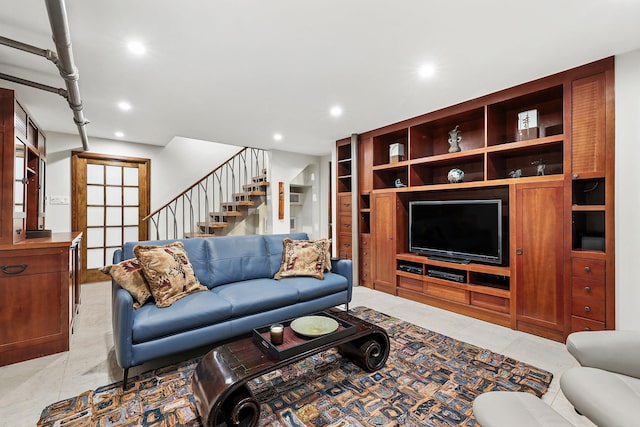 5235 Netherland Ave, Bronx, NY 10471 - living room featuring stairway, recessed lighting, and light tile patterned floors
