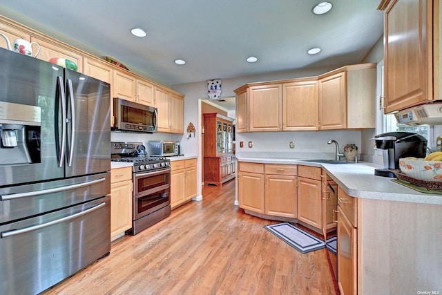 150 N Woods Dr, Wading River, NY 11792 - kitchen featuring light wood finished floors, appliances with stainless steel finishes, a sink, and light brown cabinets