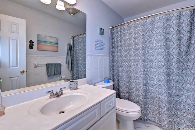 150 N Woods Dr, Wading River, NY 11792 - full bath with vanity, tile patterned floors, a shower with curtain, toilet, and tile walls