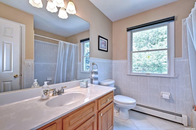 150 N Woods Dr, Wading River, NY 11792 - bathroom with tile patterned floors, tile walls, a healthy amount of sunlight, and baseboard heating