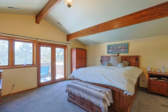 carpeted bedroom featuring baseboards, vaulted ceiling with beams, visible vents, and access to exterior