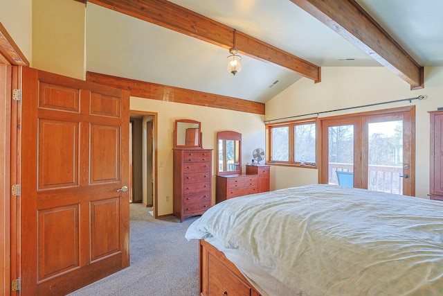 bedroom with lofted ceiling with beams, french doors, access to exterior, visible vents, and light colored carpet