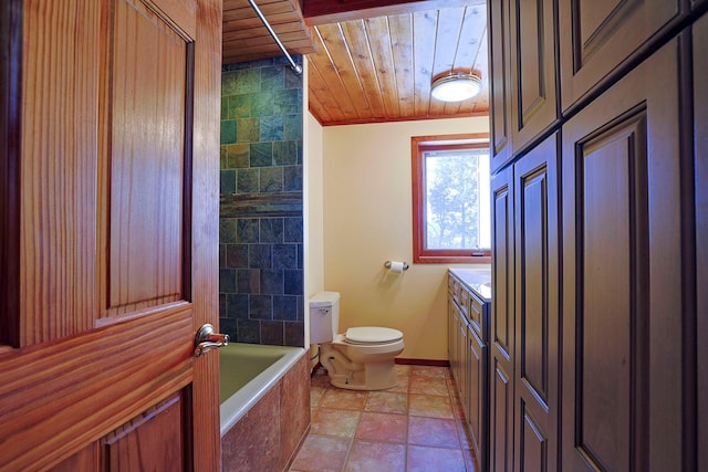 full bath featuring vanity, wood ceiling, baseboards, toilet, and stone finish floor