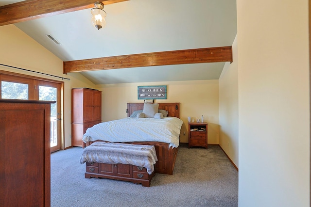 carpeted bedroom featuring lofted ceiling with beams and visible vents