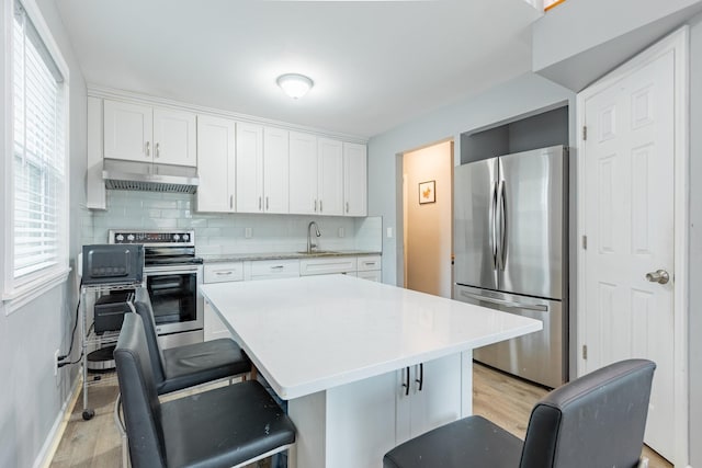 kitchen with appliances with stainless steel finishes, a sink, light countertops, under cabinet range hood, and light wood-style flooring