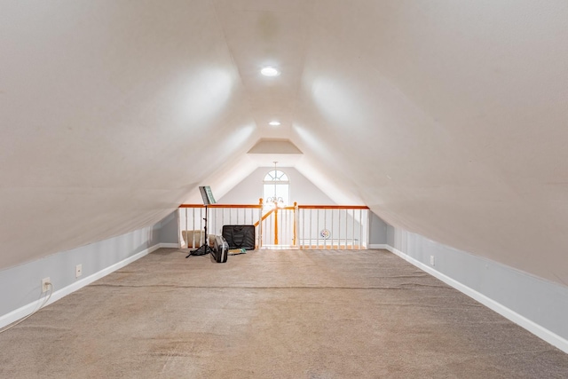 bonus room with carpet floors, baseboards, recessed lighting, and lofted ceiling