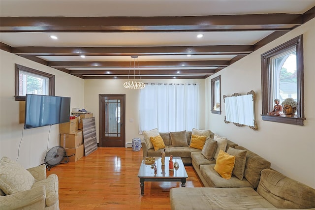 191-68 115th Rd, Saint Albans, NY 11412 - living room featuring light wood finished floors, beam ceiling, and recessed lighting