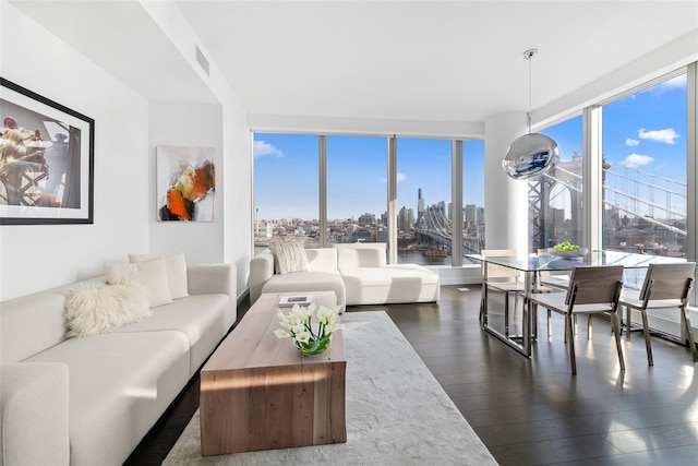 living area featuring a view of city, visible vents, a wealth of natural light, and dark wood-type flooring