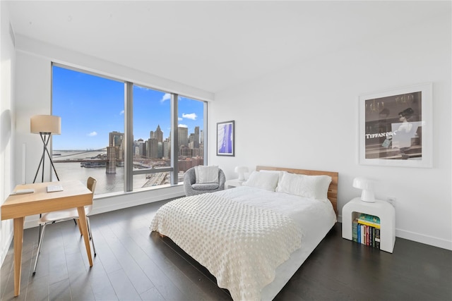 bedroom featuring a city view, wood finished floors, and baseboards