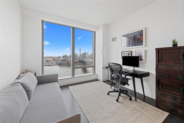office with baseboards, wood finished floors, and a healthy amount of sunlight