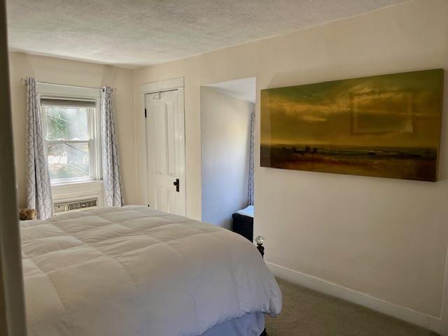 carpeted bedroom with a textured ceiling and baseboards