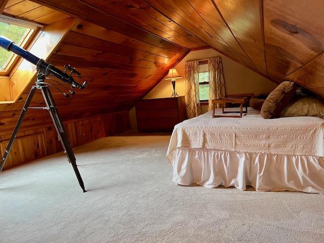 carpeted bedroom featuring wood ceiling and vaulted ceiling