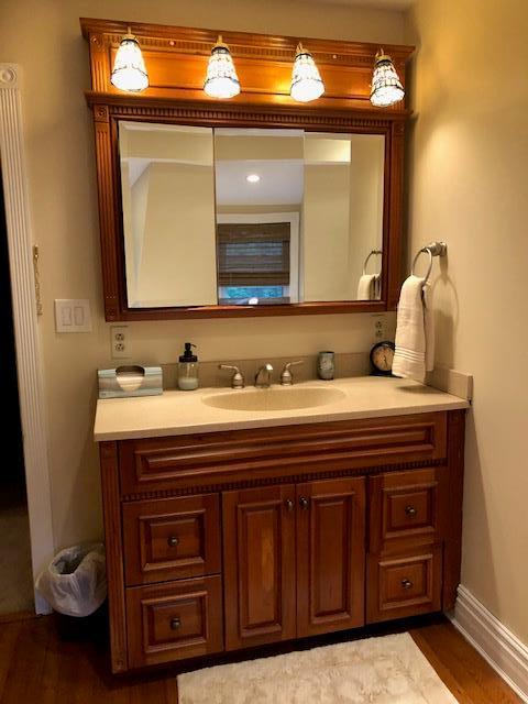bathroom featuring baseboards, wood finished floors, and vanity