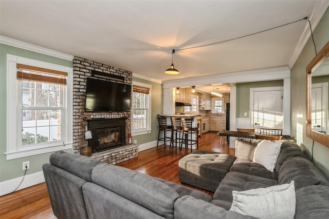living area featuring baseboards, wood finished floors, a fireplace, and ornamental molding
