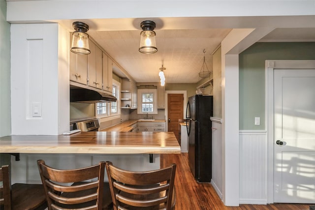 kitchen with dark wood-style flooring, wainscoting, a peninsula, under cabinet range hood, and freestanding refrigerator
