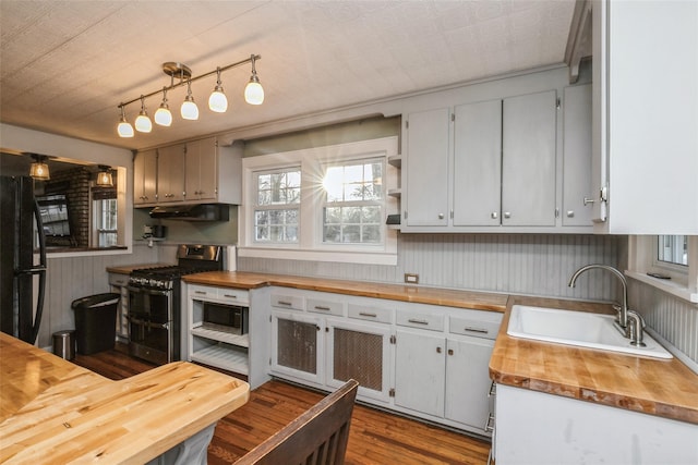 kitchen with butcher block counters, dark wood-style floors, stainless steel appliances, and a sink