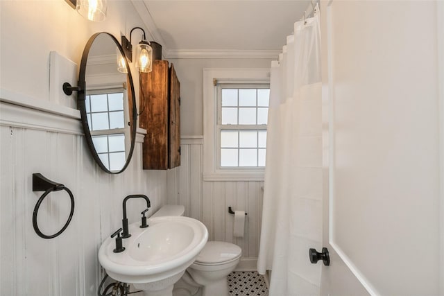 full bath with curtained shower, a sink, ornamental molding, and toilet