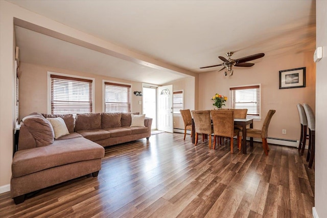 92 Nebraska St, Long Beach, NY 11561 - living room with baseboards, a ceiling fan, dark wood-style floors, and baseboard heating