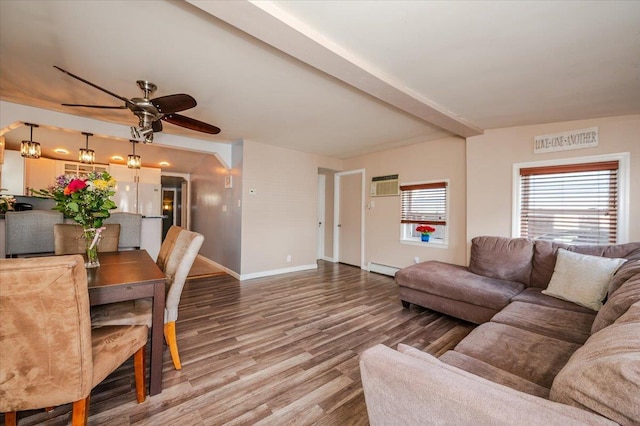 92 Nebraska St, Long Beach, NY 11561 - living room with a wall mounted air conditioner, beam ceiling, baseboards, light wood-style flooring, and ceiling fan