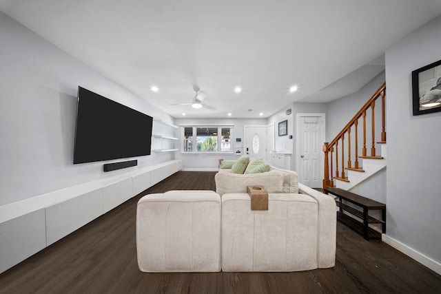 living room with baseboards, recessed lighting, a ceiling fan, stairway, and dark wood-type flooring
