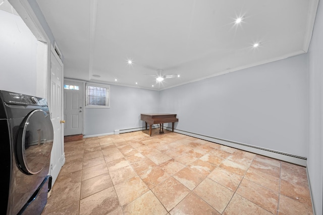 laundry room featuring recessed lighting, a ceiling fan, washer / dryer, baseboards, and a baseboard radiator