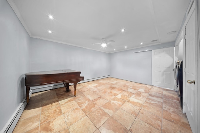 4038 Murdock Ave, Bronx, NY 10466 - below grade area featuring a baseboard radiator, a ceiling fan, light stone finish floors, ornamental molding, and recessed lighting